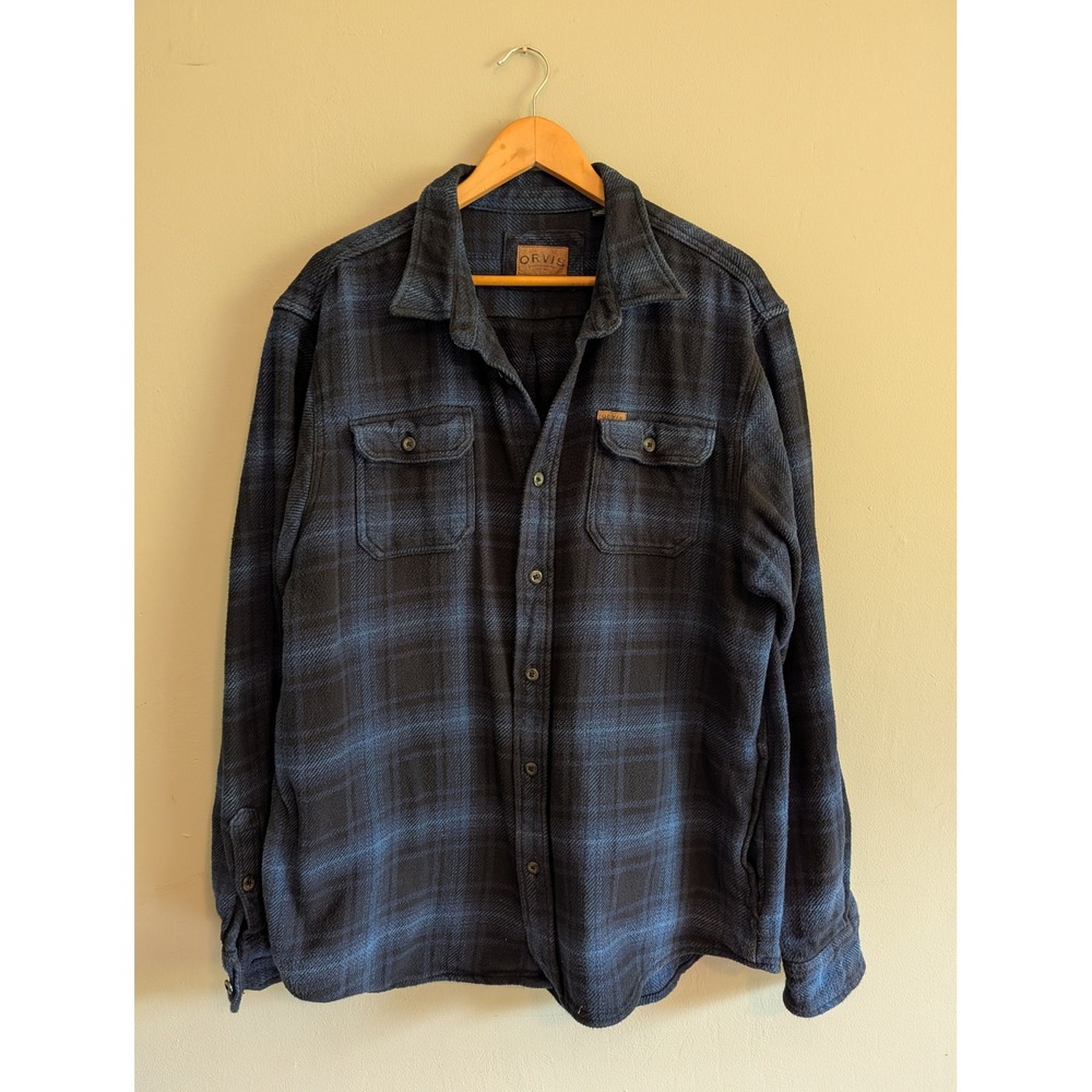 Orvis Mens XL Blue Black Plaid Flannel Shirt Jacket Cotton Button Up Heavyweight